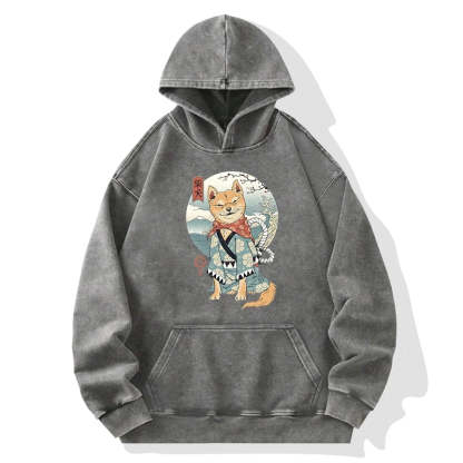 Tokyo-Tiger Samurai Shiba Dog Japanese Washed Hoodie