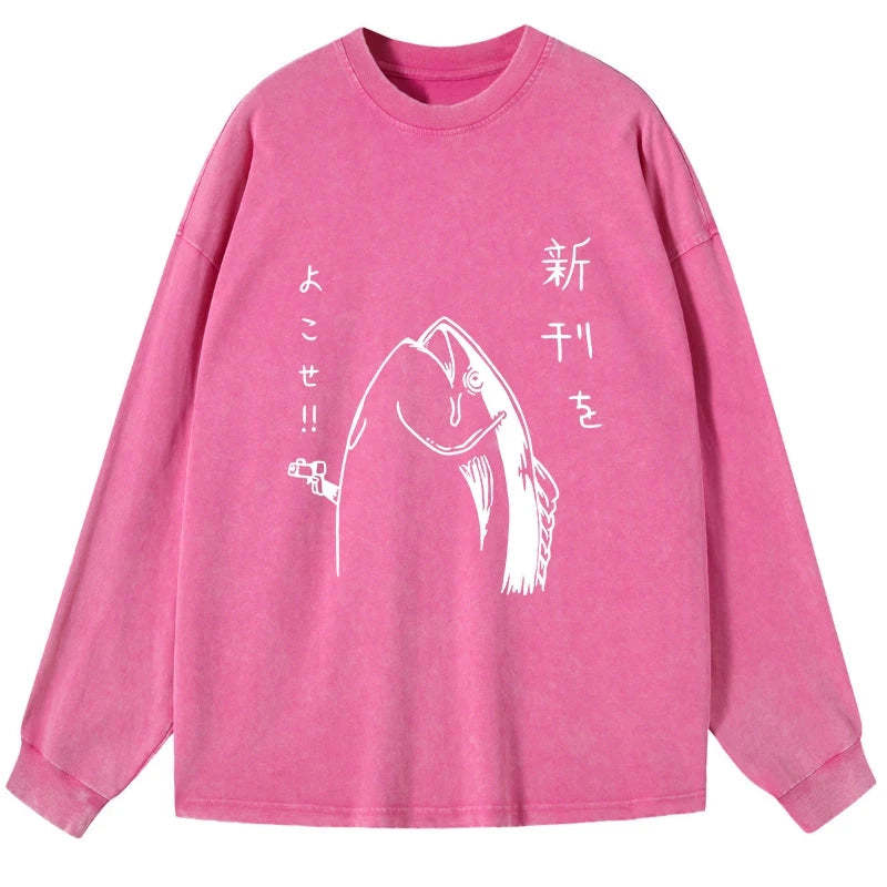 Tokyo-Tiger Japanese Fish Hold Up White Washed Long Sleeve T-Shirt