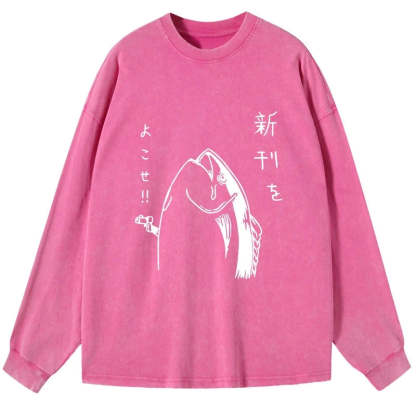 Tokyo-Tiger Japanese Fish Hold Up White Washed Long Sleeve T-Shirt