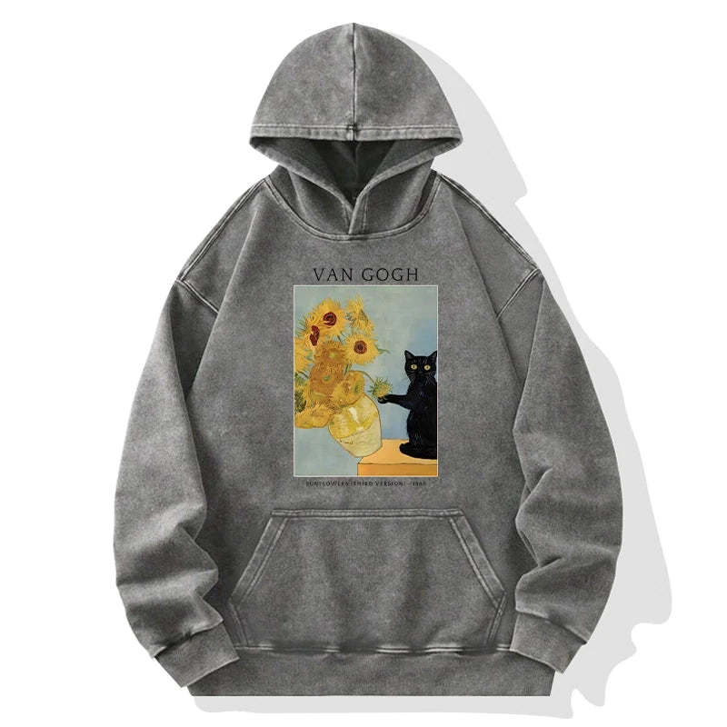 Tokyo-Tiger Black Cat With Sunflowers Washed Hoodie
