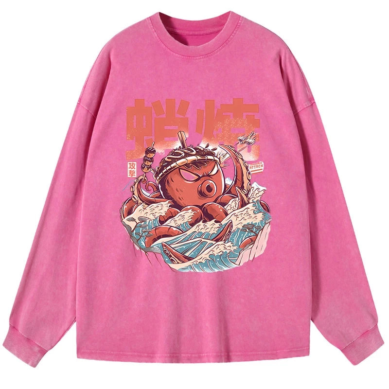 Tokyo-Tiger The Great Wave Takoyaki Japanese Washed Long Sleeve T-Shirt