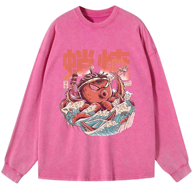Tokyo-Tiger The Great Wave Takoyaki Japanese Washed Long Sleeve T-Shirt