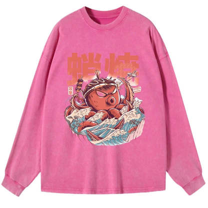 Tokyo-Tiger The Great Wave Takoyaki Japanese Washed Long Sleeve T-Shirt