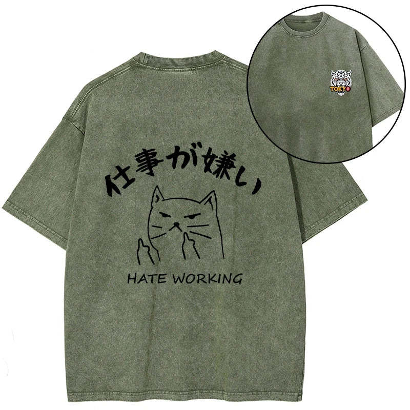 Tokyo-Tiger A Cat That Hates Work Front Back Washed T-Shirt-tokyo-tiger