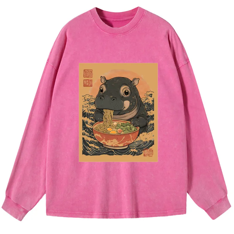 Tokyo-Tiger Moo Deng Eat Ramen Washed Long Sleeve T-Shirt