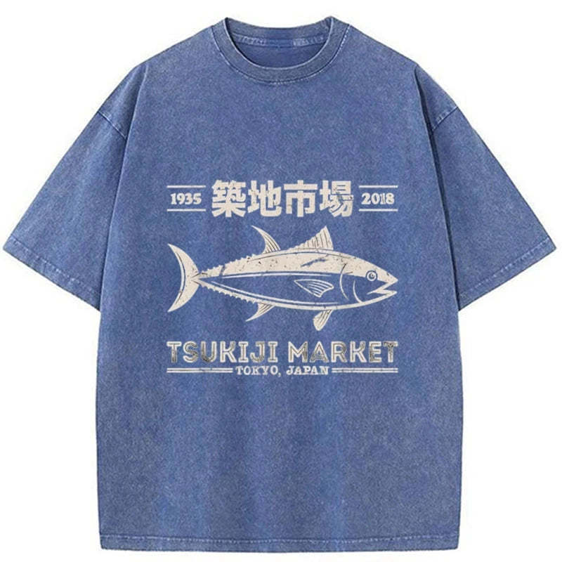 Tokyo-Tiger Retro Tsukiji Fish Market Streetwear Tokyo Washed T-Shirt