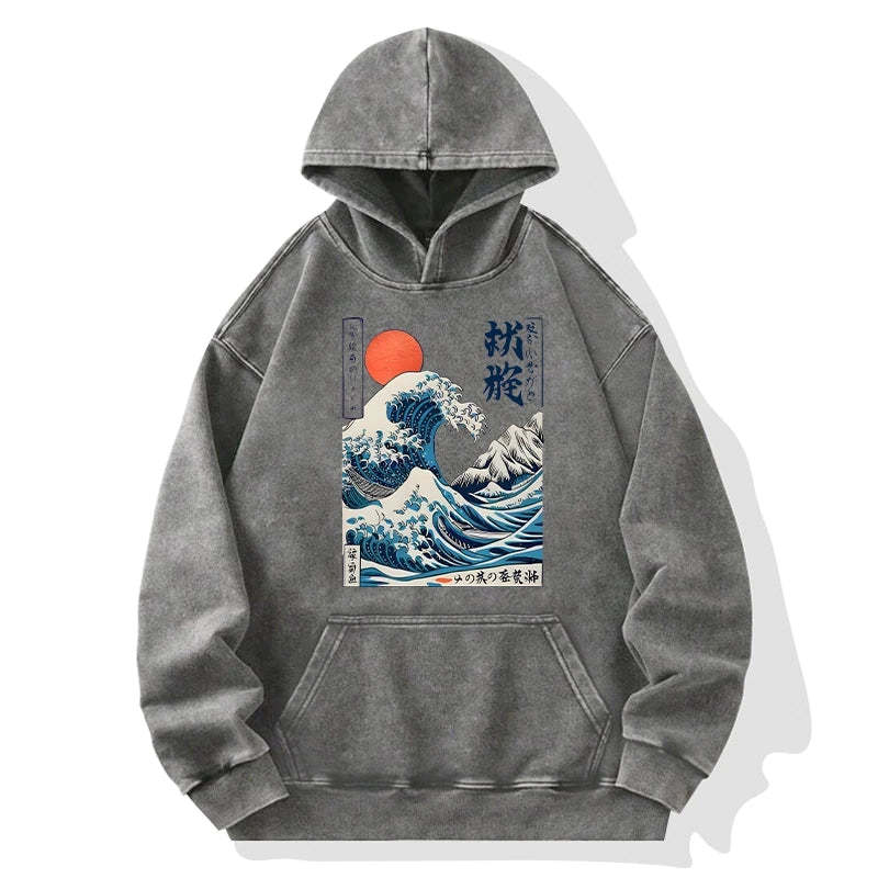 Tokyo-Tiger Ukiyo-e Ocean Waves Japan Washed Hoodie Sale