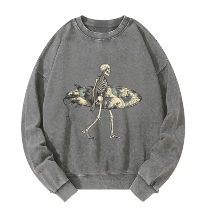 Tokyo-Tiger Skeleton Ready To Go Surfing Washed Sweatshirt