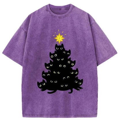 Tokyo-Tiger Black Cat Christmas Tree Washed T-Shirt