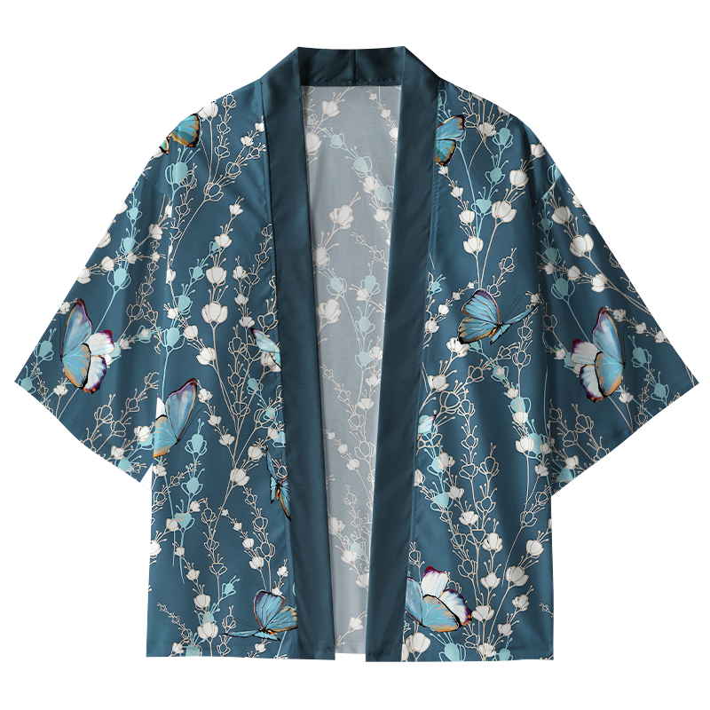 Tokyo-Tiger Blue Floral And Butterfly Kimono Cardigan