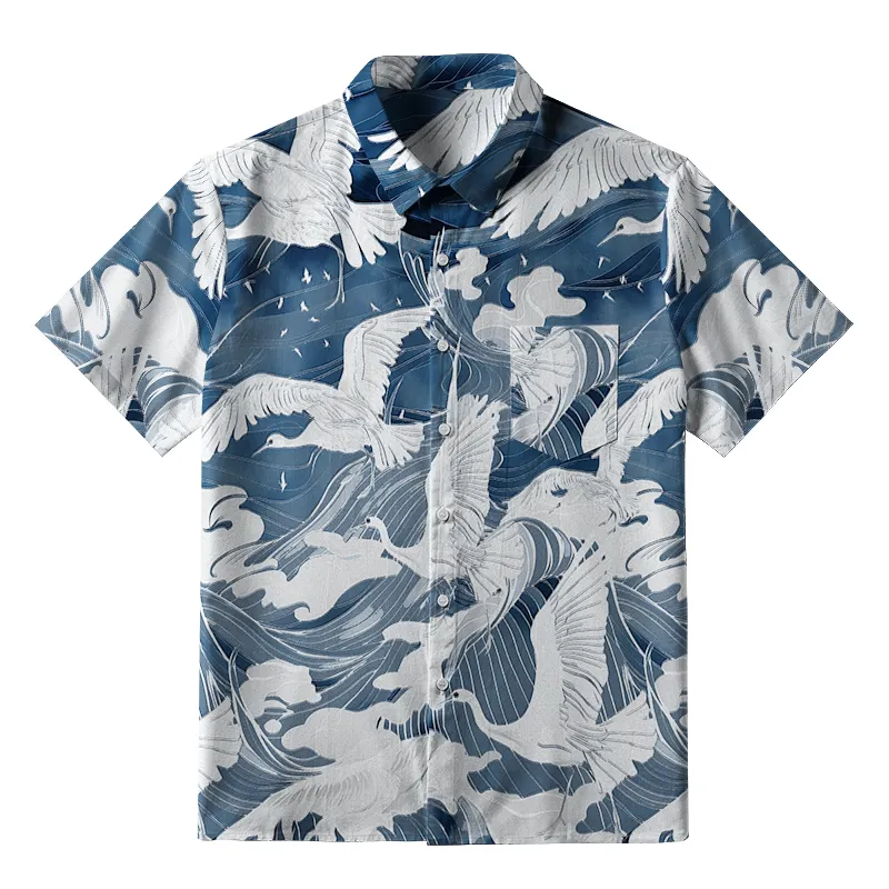 Tokyo-Tiger Graceful Cranes On Waves Button-up Shirt Sale