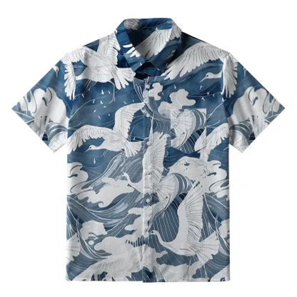 Tokyo-Tiger Graceful Cranes On Waves Button-up Shirt