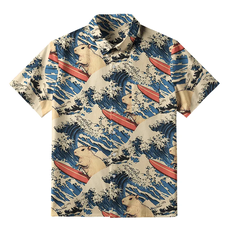 Tokyo-Tiger Funny Capybara Surfing Button-up Shirt
