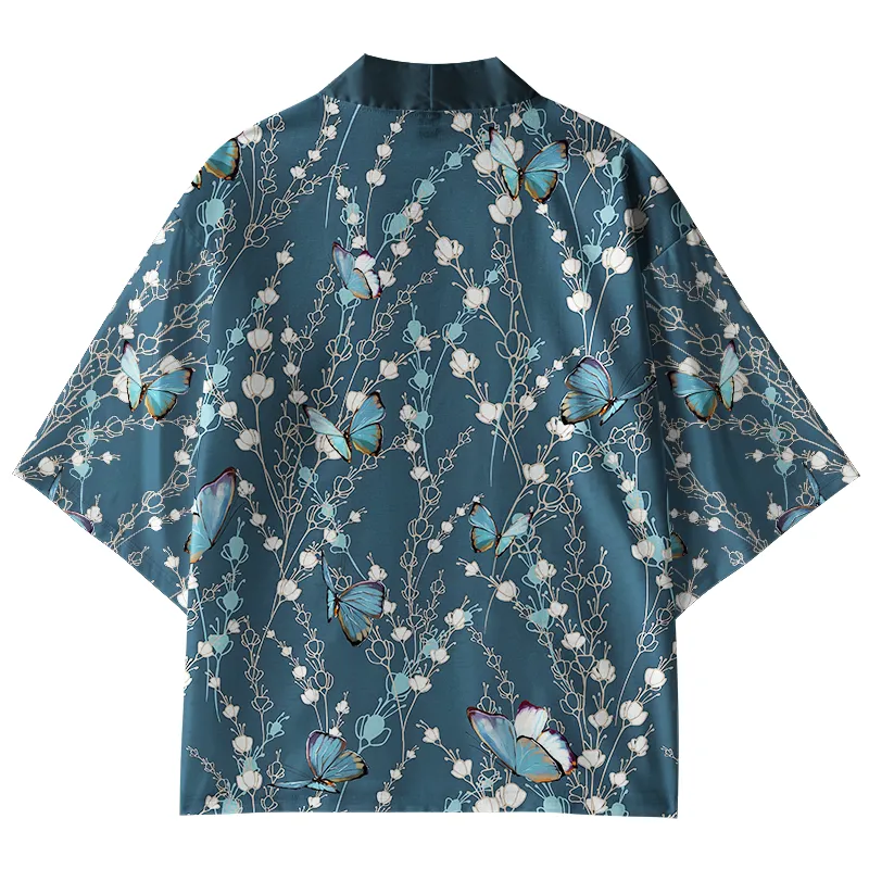 Tokyo-Tiger Blue Floral And Butterfly Kimono Cardigan