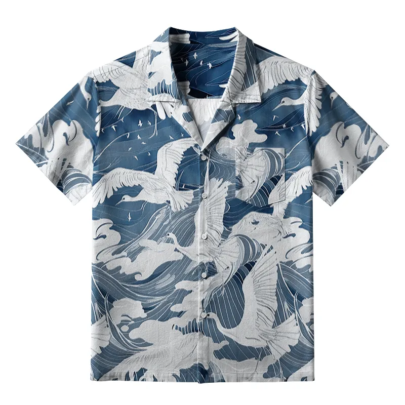 Tokyo-Tiger Graceful Cranes On Waves Aloha Hawaiian Shirt Sale