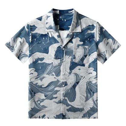 Tokyo-Tiger Graceful Cranes On Waves Aloha Hawaiian Shirt