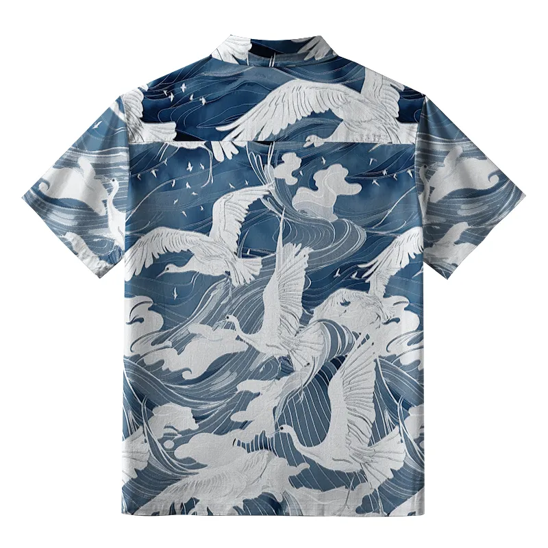 Tokyo-Tiger Graceful Cranes On Waves Button-up Shirt