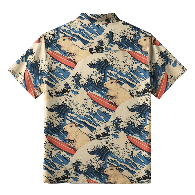 Tokyo-Tiger Funny Capybara Surfing Button-up Shirt