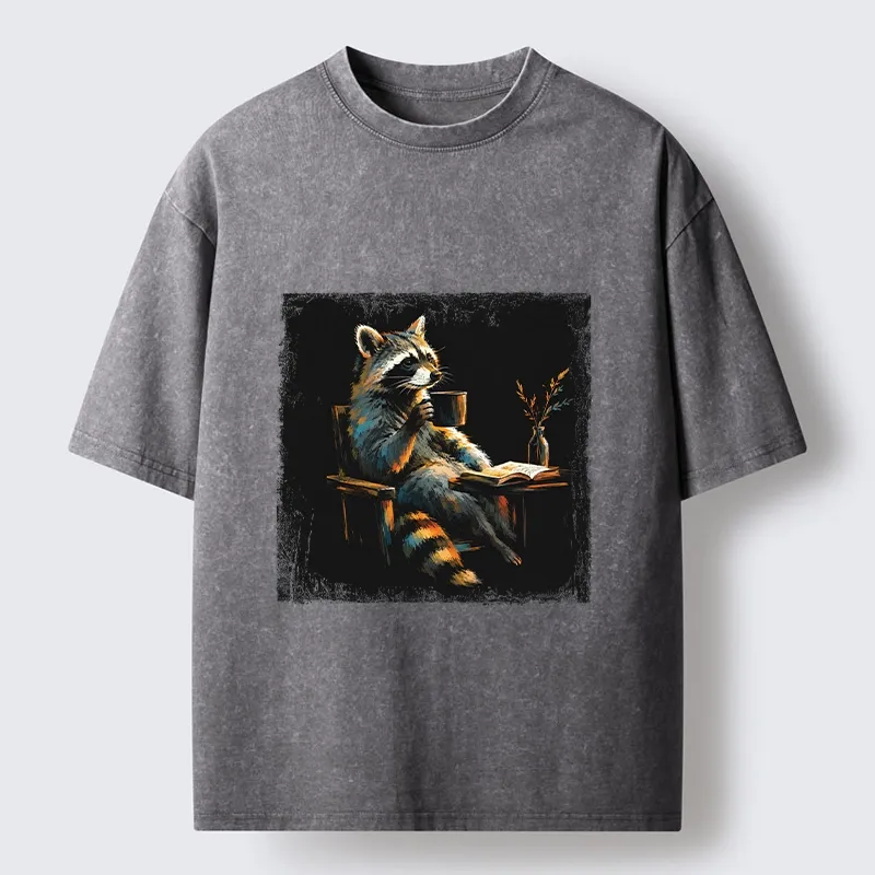 Tokyo‑Tiger Cozy Raccoon Reader Washed T‑Shirt