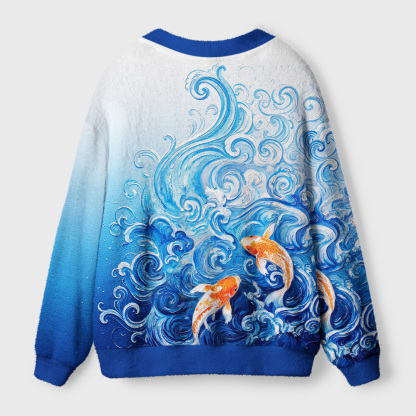 Tokyo-Tiger Van Gogh's Wave Red Koi Ugly Cardigan Sweater