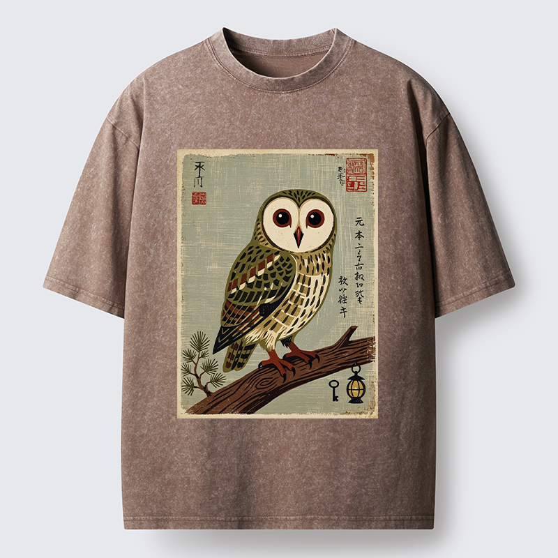 Tokyo-Tiger Vintage Woodblock Owl Art Washed T-Shirt