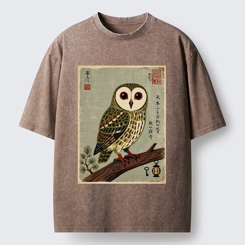 Tokyo-Tiger Vintage Woodblock Owl Art Washed T-Shirt