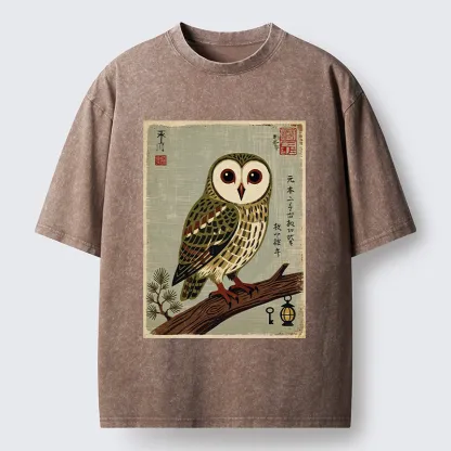 Tokyo-Tiger Vintage Woodblock Owl Art Washed T-Shirt