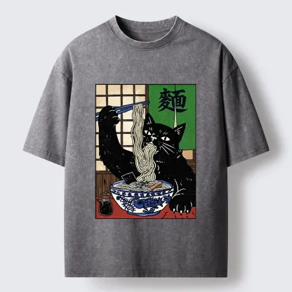 Tokyo‑Tiger Ramen Cat Vibes Washed T‑Shirt