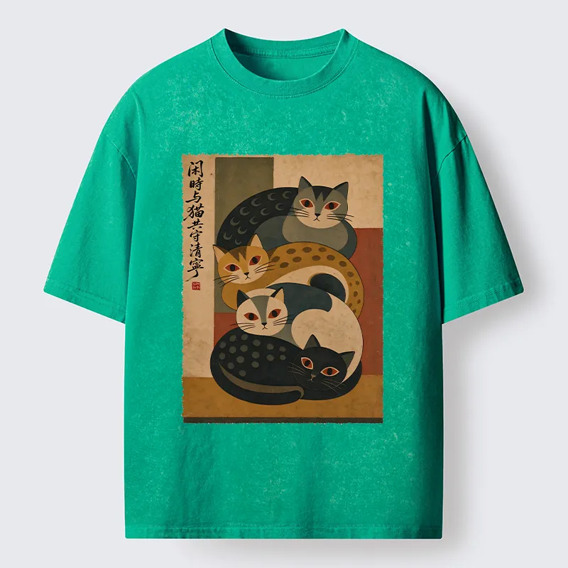 Tokyo-Tiger Retro Stack Cat Art Washed T-Shirt