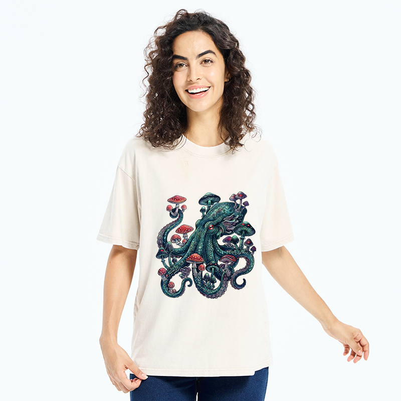 Tokyo-Tiger Octopus Covered In Mushrooms Washed T-Shirt