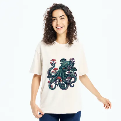 Tokyo-Tiger Octopus Covered In Mushrooms Washed T-Shirt