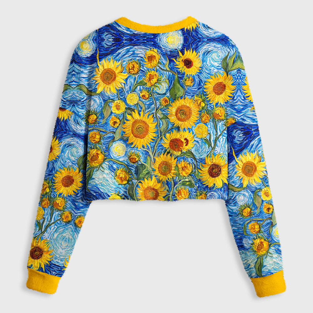 Tokyo-Tiger Van Gogh Starry Sky Sunflowers Women's Fuzzy Cropped Sweatshirt