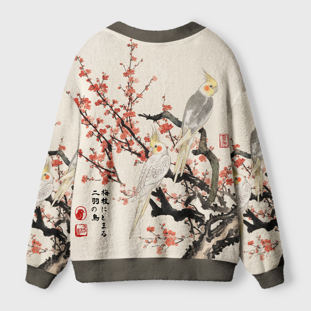 Tokyo-Tiger Cockatiels On Plum Blossoms Ugly Cardigan Sweater