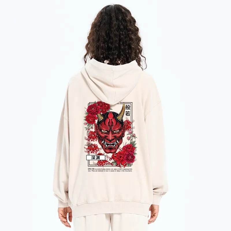 Tokyo-Tiger Cool Oni Floral Art Washed Zip Hoodie