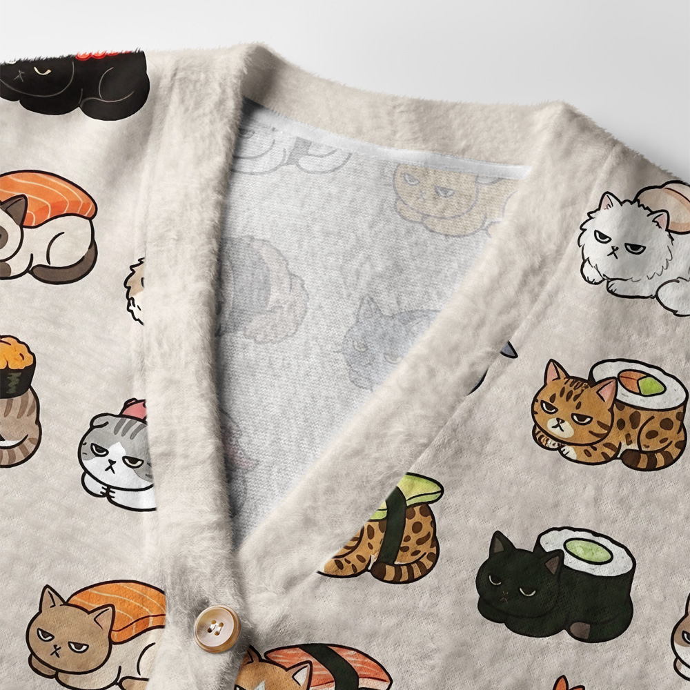 Tokyo-Tiger Cat Sushi Pattern Ugly Cardigan Sweater