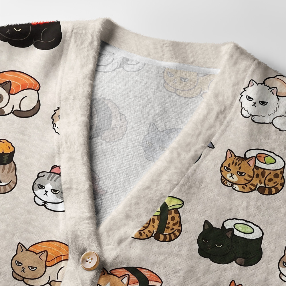Tokyo-Tiger Cat Sushi Pattern Ugly Cardigan Sweater