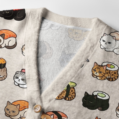 Tokyo-Tiger Cat Sushi Pattern Ugly Cardigan Sweater