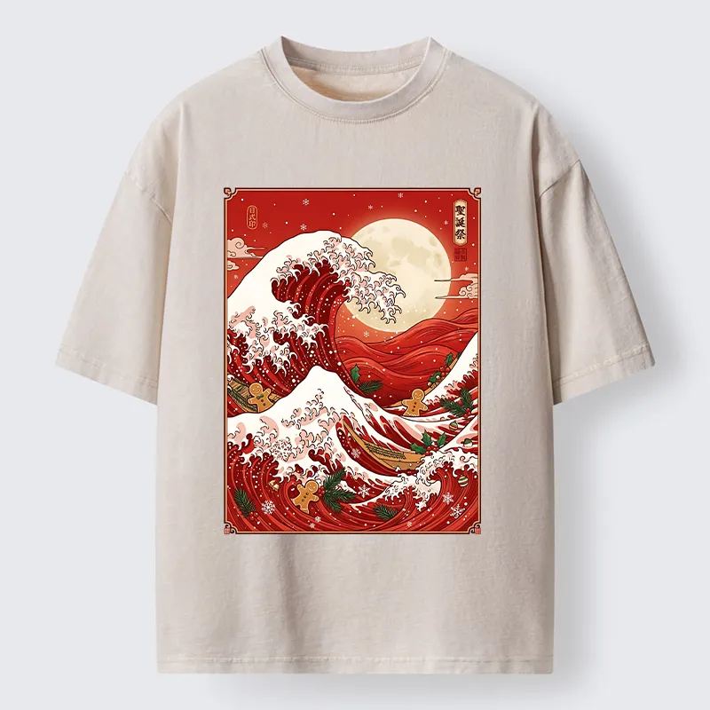 Tokyo‑Tiger Gingerbread Surfing Christmas Wave Art Washed T‑Shirt Sale