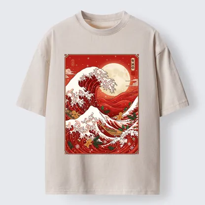 Tokyo-Tiger Gingerbread Surfing Christmas Wave Art Washed T-Shirt