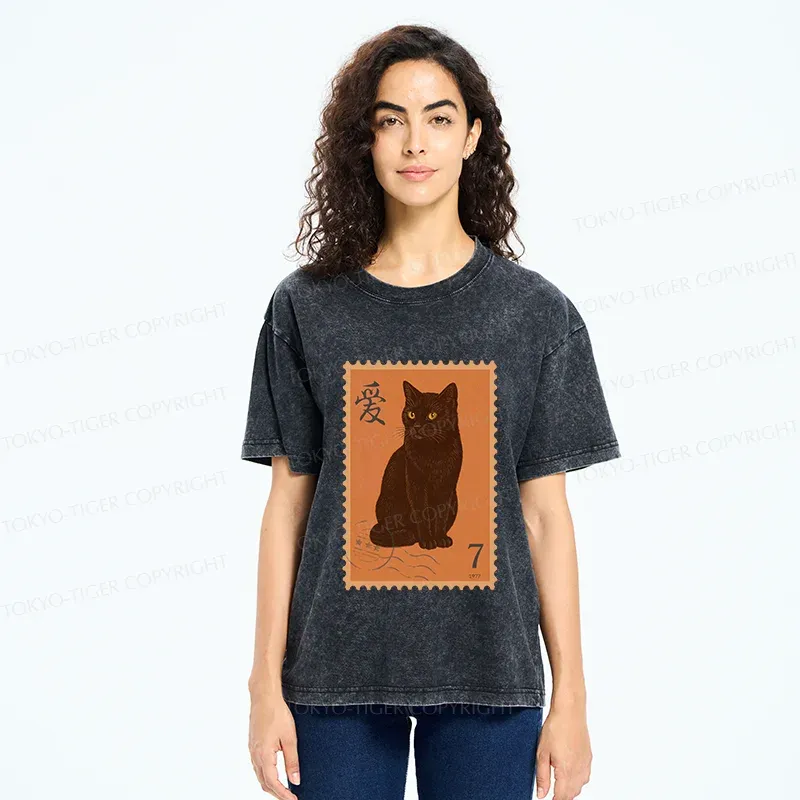 Tokyo-Tiger Cat Stamp Washed T-Shirt