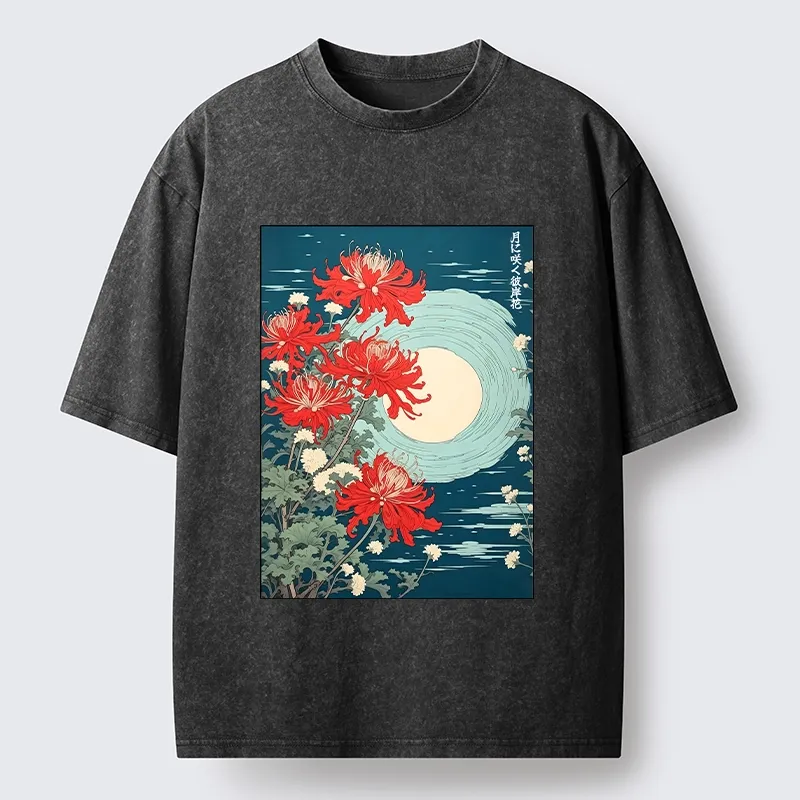 Tokyo‑Tiger Moon Red Spider Lily Washed T‑Shirt