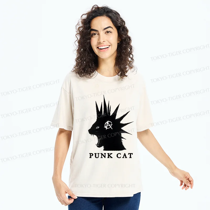Tokyo-Tiger Punk Cat Funny Washed T-Shirt