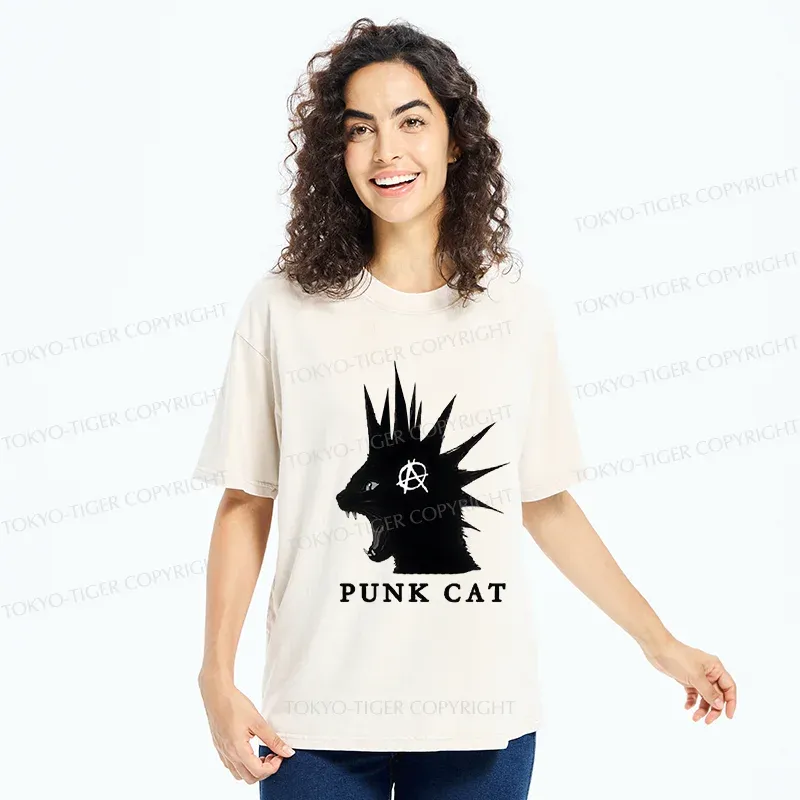 Tokyo-Tiger Punk Cat Funny Washed T-Shirt