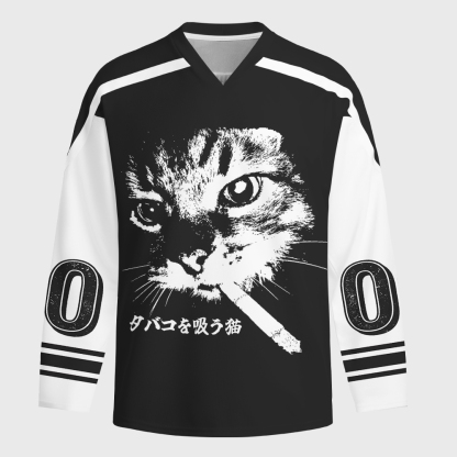 Tokyo-Tiger Retro Cat Smoking Long-Sleeve Hockey Jersey