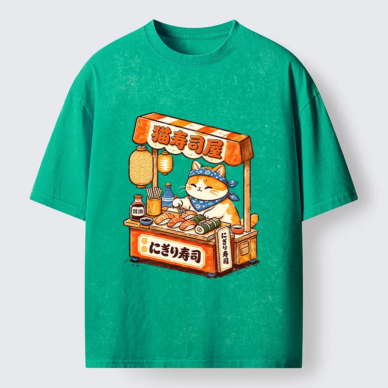 Tokyo-Tiger Cute Cat Running A Sushi Stall Washed T-Shirt