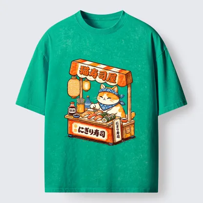 Tokyo-Tiger Cute Cat Running A Sushi Stall Washed T-Shirt