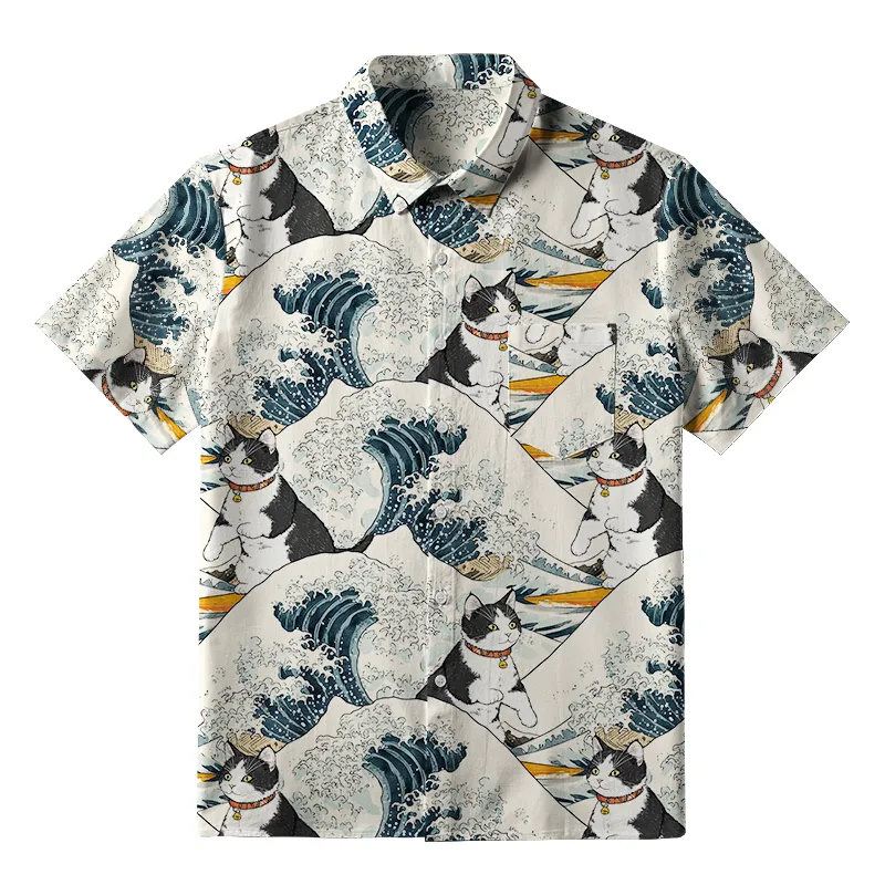 Tokyo-Tiger Funny Cat Surfing Button-up Shirt