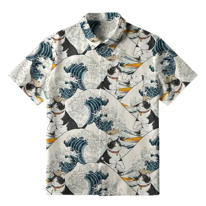 Tokyo-Tiger Funny Cat Surfing Button-up Shirt