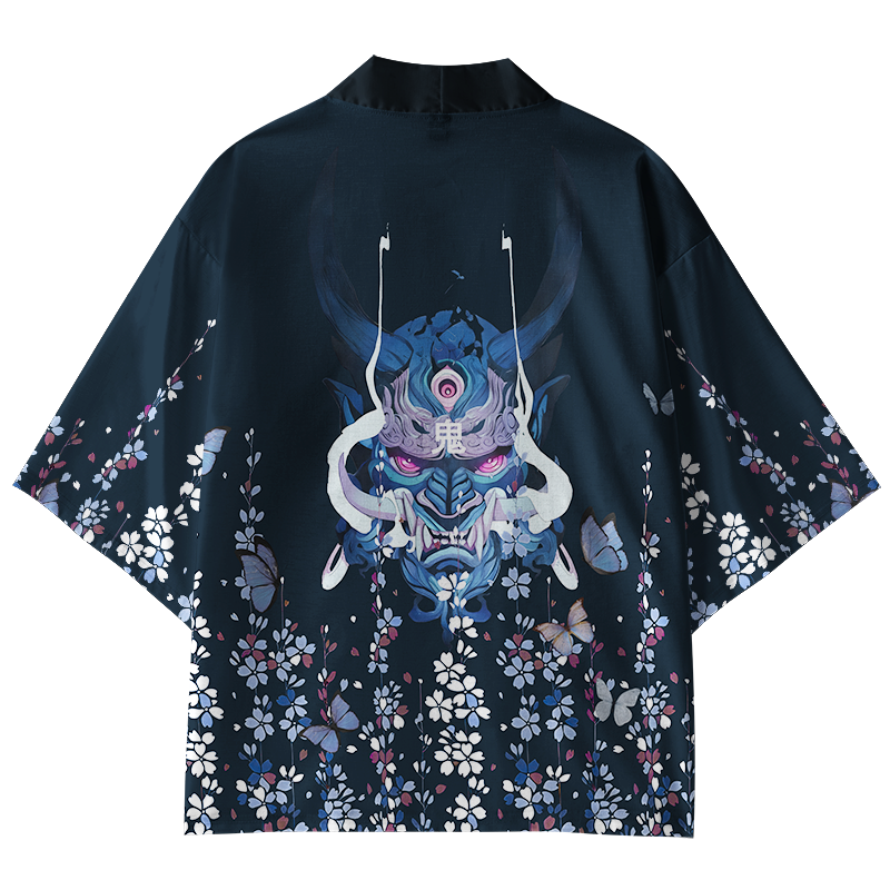 Tokyo-Tiger Sakura With Oni Mask Kimono Cardigan