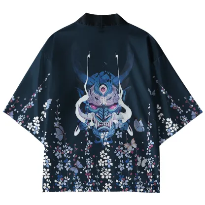 Tokyo-Tiger Sakura With Oni Mask Kimono Cardigan